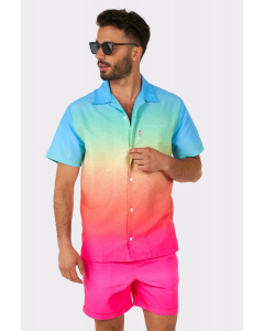 Man wearing colorful summer shorts and shirt