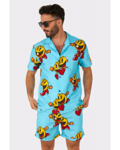 Man wearing blue summer shorts and shirt, with Pac-Man print
